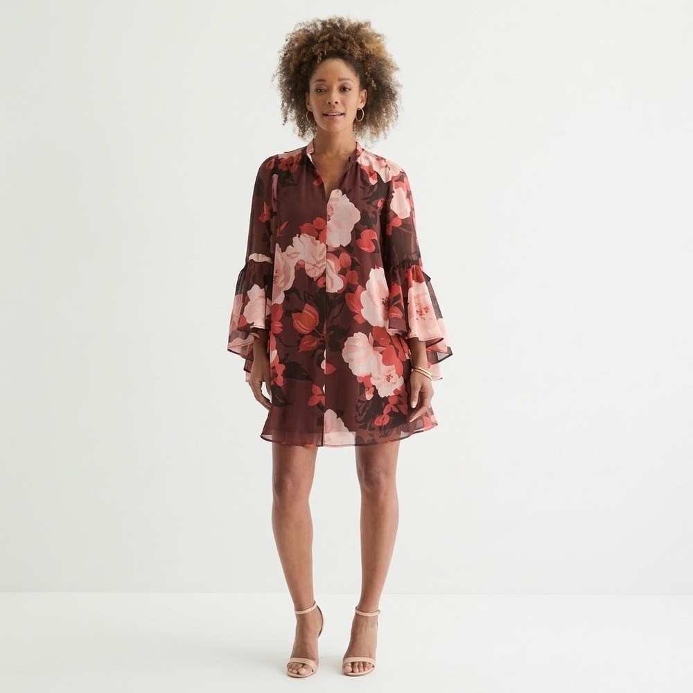 MSRP $89 Clover And Sloane Womens 2 Choco Blush Floral Shift Dress Long Sleeve